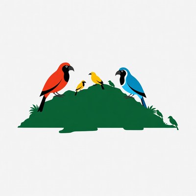 Colorful birds on a green hill