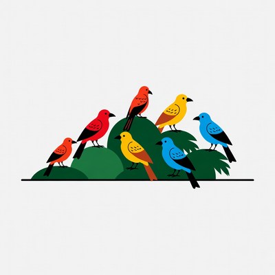 Colorful birds gathered on plants