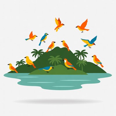 Colorful birds over green island