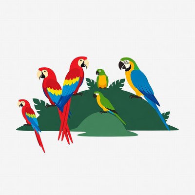 Colorful parrots in tropical setting