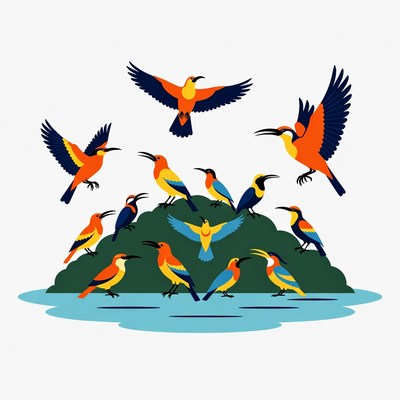 Colorful birds on a green island