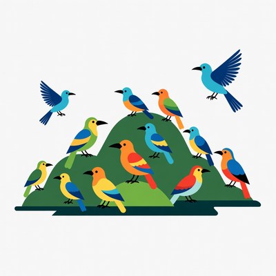 Colorful birds on a green hill