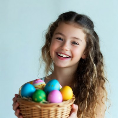 Girl holds basket of colorful eggs