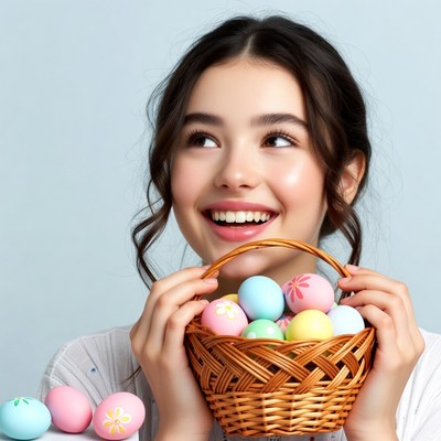 Girl with easter basket smiles brightly