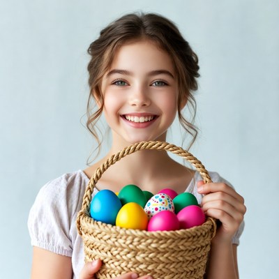 Girl holds basket of colorful eggs