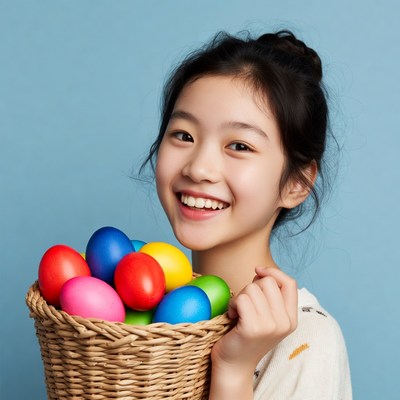 Girl holds basket of colorful eggs