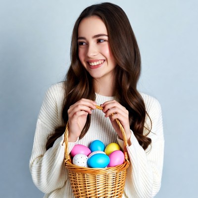 Young woman holds basket of easter eggs