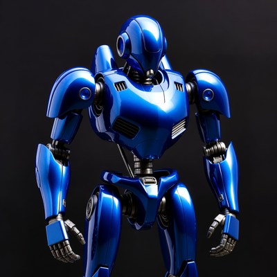 Metallic blue robot figure stands upright