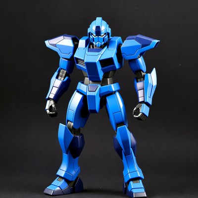 Blue robot figure stands on display