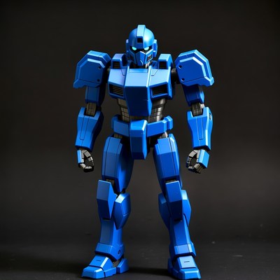 Blue robot stands on black background