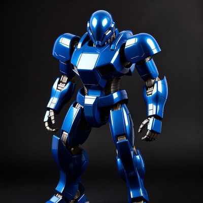 Blue robot model stands upright on display