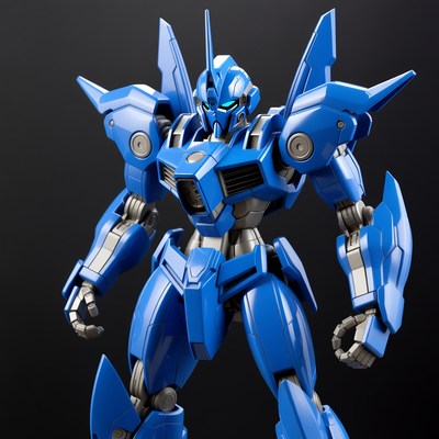 Blue robot figure stands on dark background