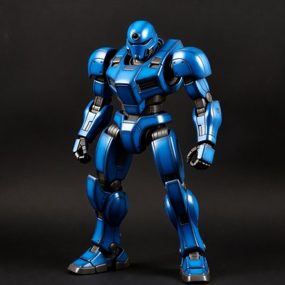 Blue robot standing against black background