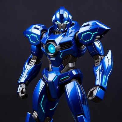 Blue robot figure stands in dark setting