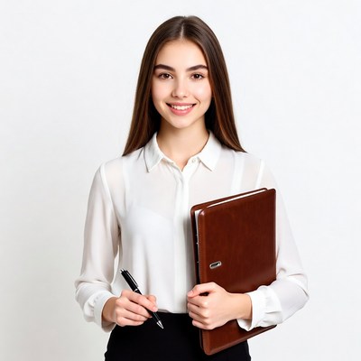 Young woman holding a binder and pen