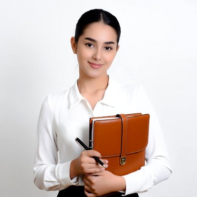 Young woman holds notebook and pen