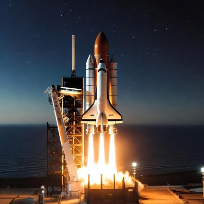 Rocket launch at night from pad