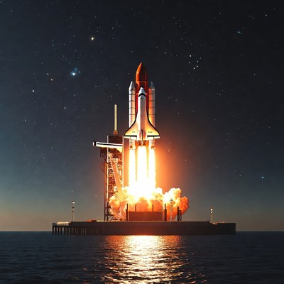 Rocket launch from ocean platform at night