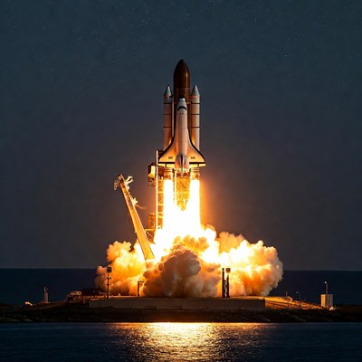 Rocket launch at night over ocean