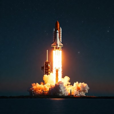 Rocket launch at night with bright flames