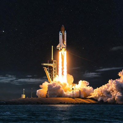 Rocket launch at night from a launch pad