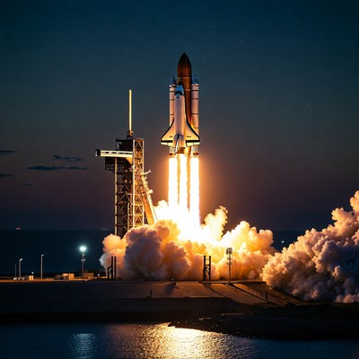 Rocket launch at night with bright flames