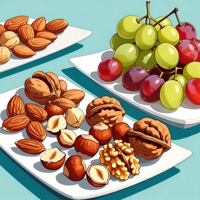 Assorted nuts and grapes on plates
