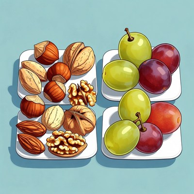 Nuts and fruits on white plates