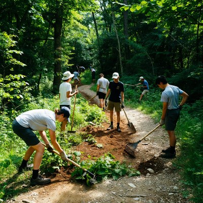 Volunteers work on trail restoration