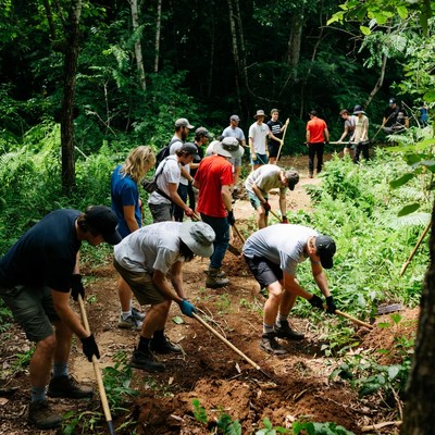 Volunteers dig in forest for trails