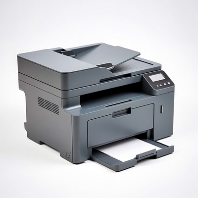 Printer in office setting with blank paper