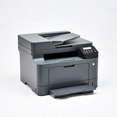 Black multi-function printer on white background