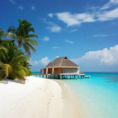 Tropical beach with overwater bungalow