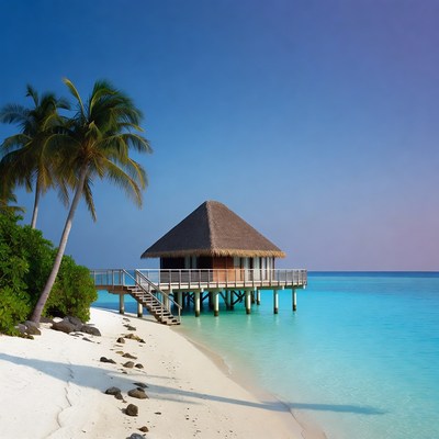 Tropical beach house on calm water