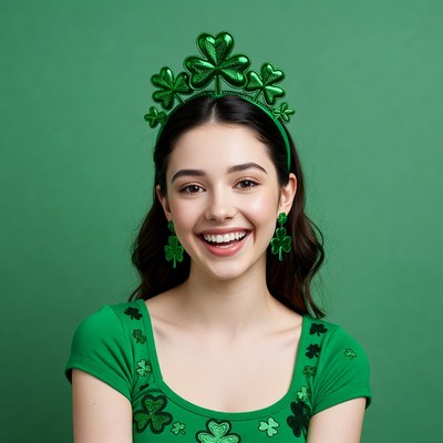Smiling girl in green accessories