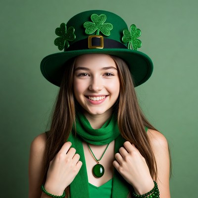 Girl in green hat celebrating holiday