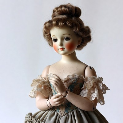 Doll in vintage dress stands still