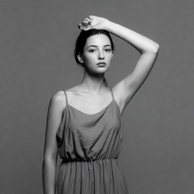 Model posing in studio setting with hand raised