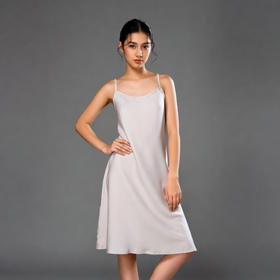 Girl in light dress poses against gray background