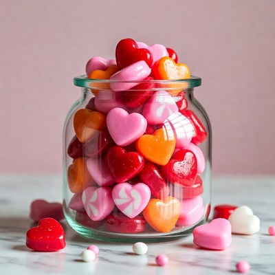 Colorful heart-shaped candies in a jar