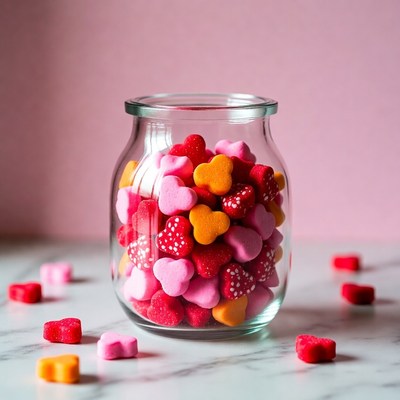 Colorful heart-shaped candies in a jar