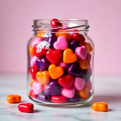 Colorful heart-shaped candies in a jar