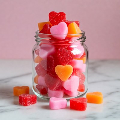 Colorful heart-shaped candies in a jar