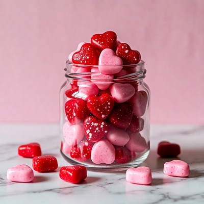 Colorful heart candies in glass jar
