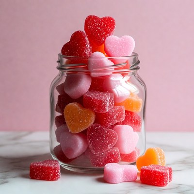 Heart-shaped candies in a jar