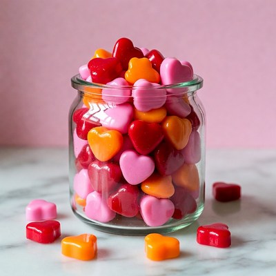 Heart-shaped candies in glass jar