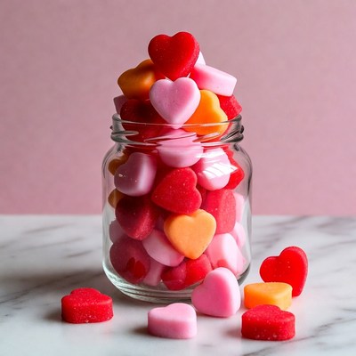 Heart-shaped candies in a jar