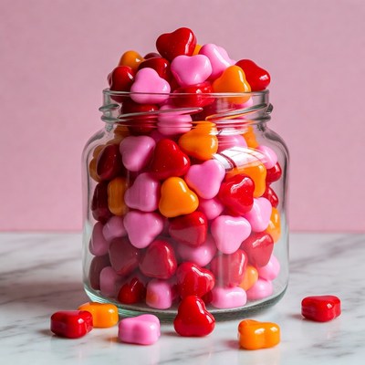 Colorful heart-shaped candies in a jar