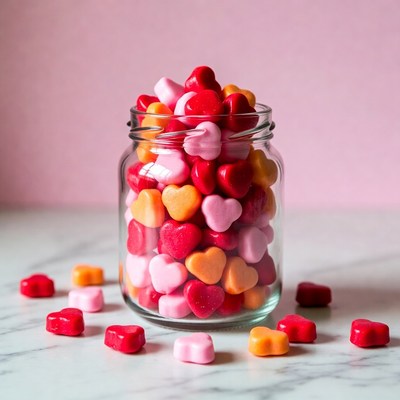 Colorful heart-shaped candies in a jar