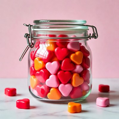 Colorful heart-shaped candies in a jar